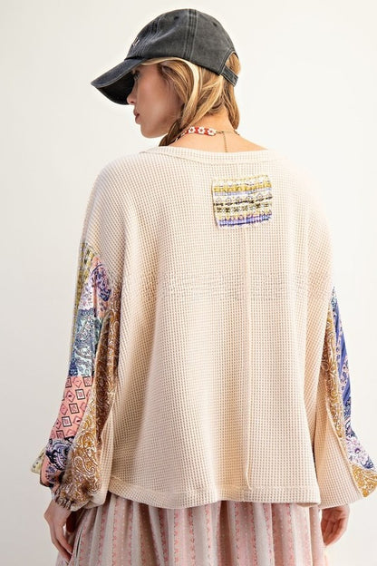 Women’s Waffle Knit Patchwork Sweatshirt | Long Sleeve Printed Autumn Top