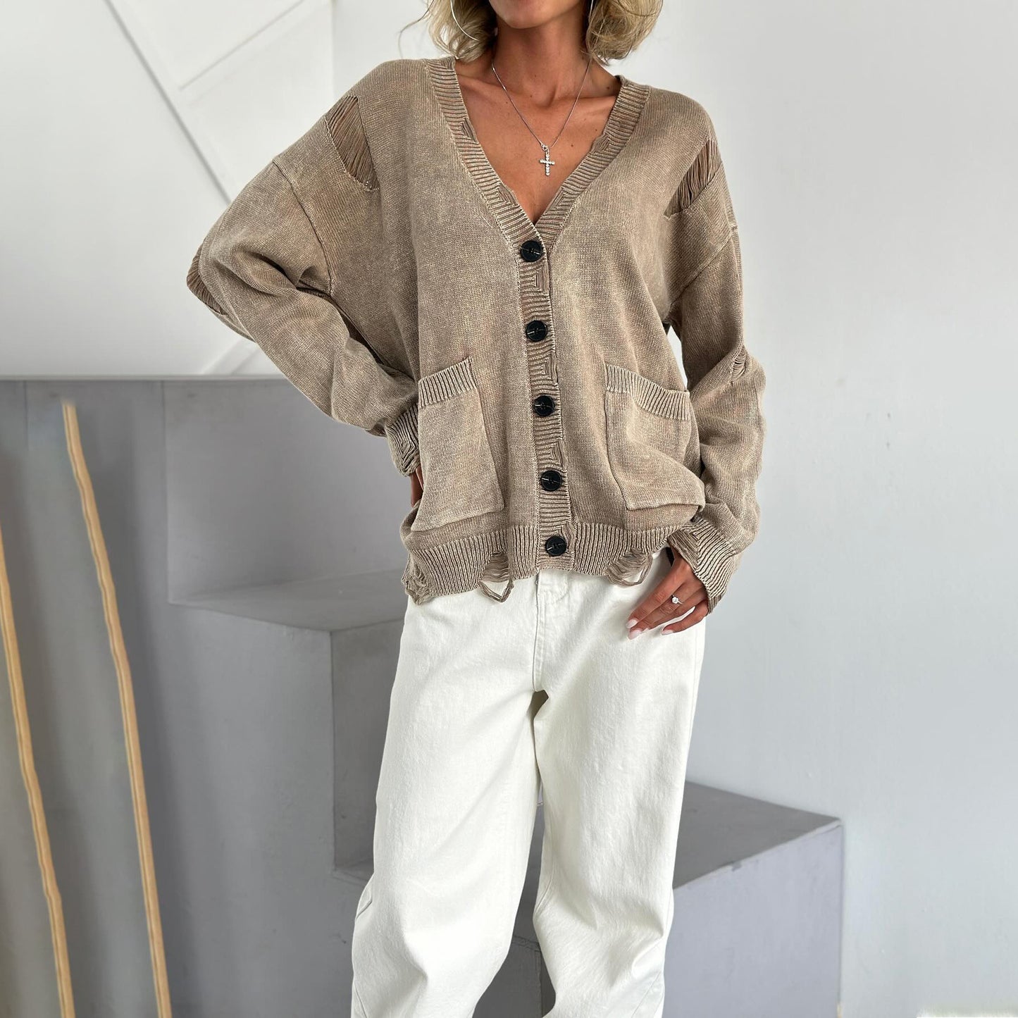 A07 Vintage Distressed Knit Cardigan – Women’s Washed Button-Up Sweater with Pockets