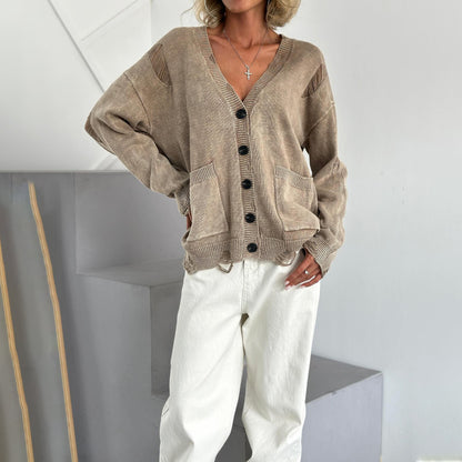 A07 Vintage Distressed Knit Cardigan – Women’s Washed Button-Up Sweater with Pockets