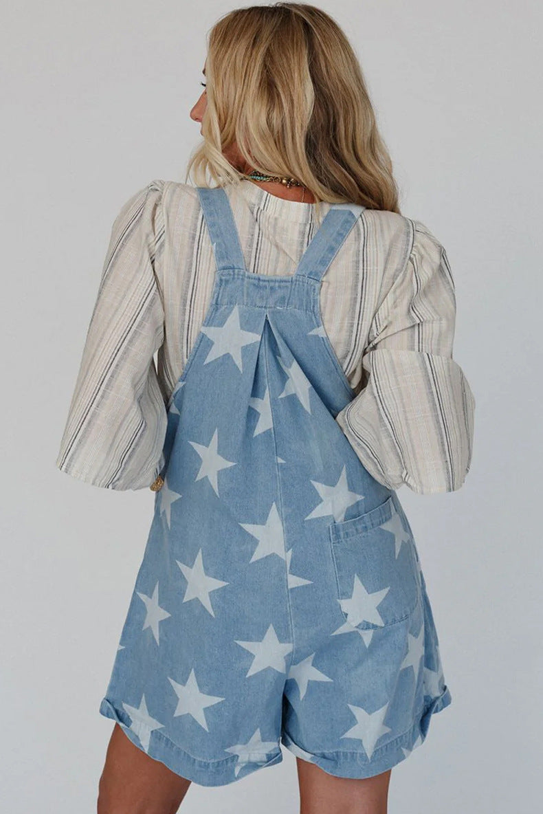 Women’s Loose Fit High Waist Overall – Star Print Denim Jumpsuit