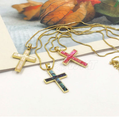Natural Abalone Shell Shiny Powder White Shell Cross Pendant Necklace - Unique Couple's Jewelry