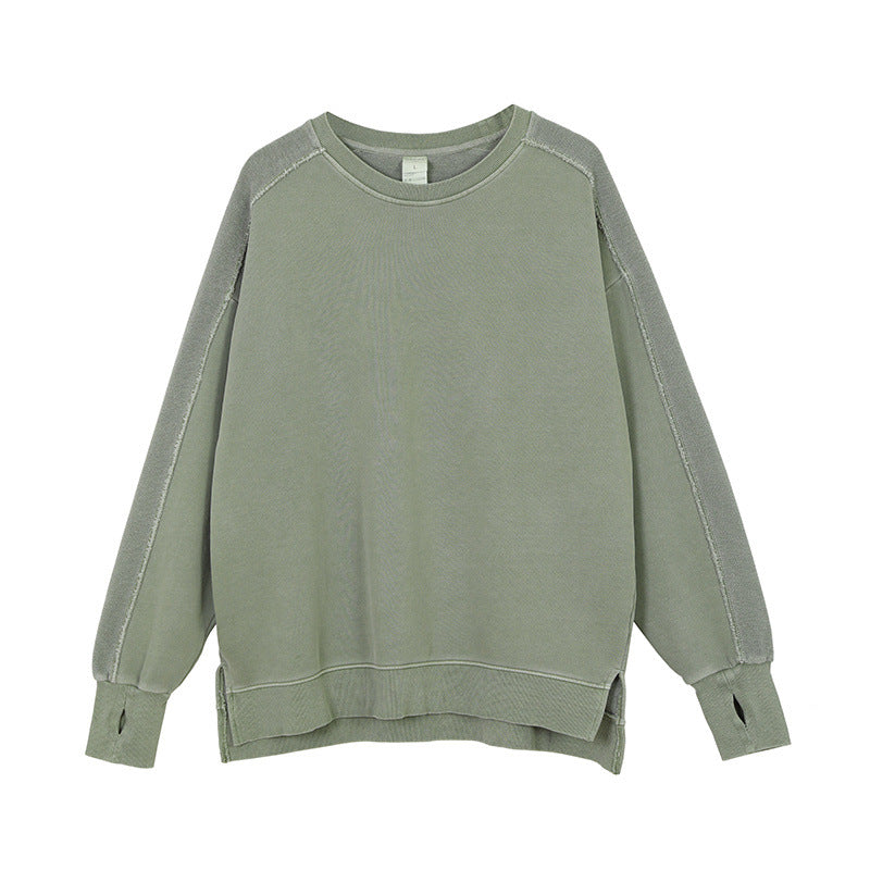 A06 Distressed Round Neck Sweatshirt – Women’s Split Hem & Sleeve Pullover