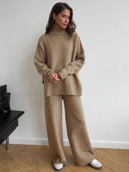 A13 Women’s Turtleneck Knit Sweater Set – Loose Fit Thick Knit Pants Outfit