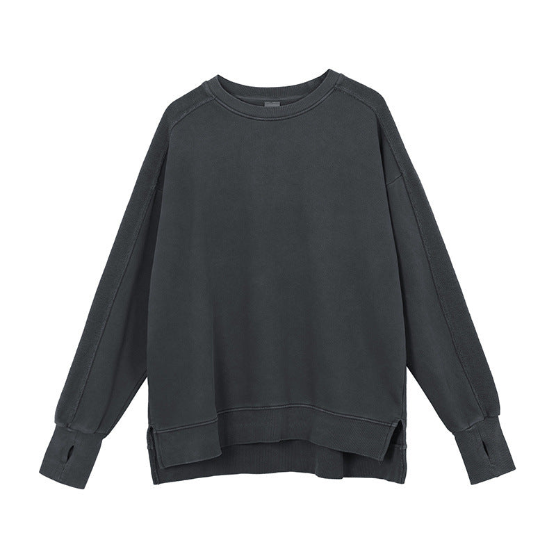A06 Distressed Round Neck Sweatshirt – Women’s Split Hem & Sleeve Pullover