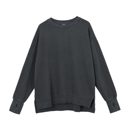 A06 Distressed Round Neck Sweatshirt – Women’s Split Hem & Sleeve Pullover