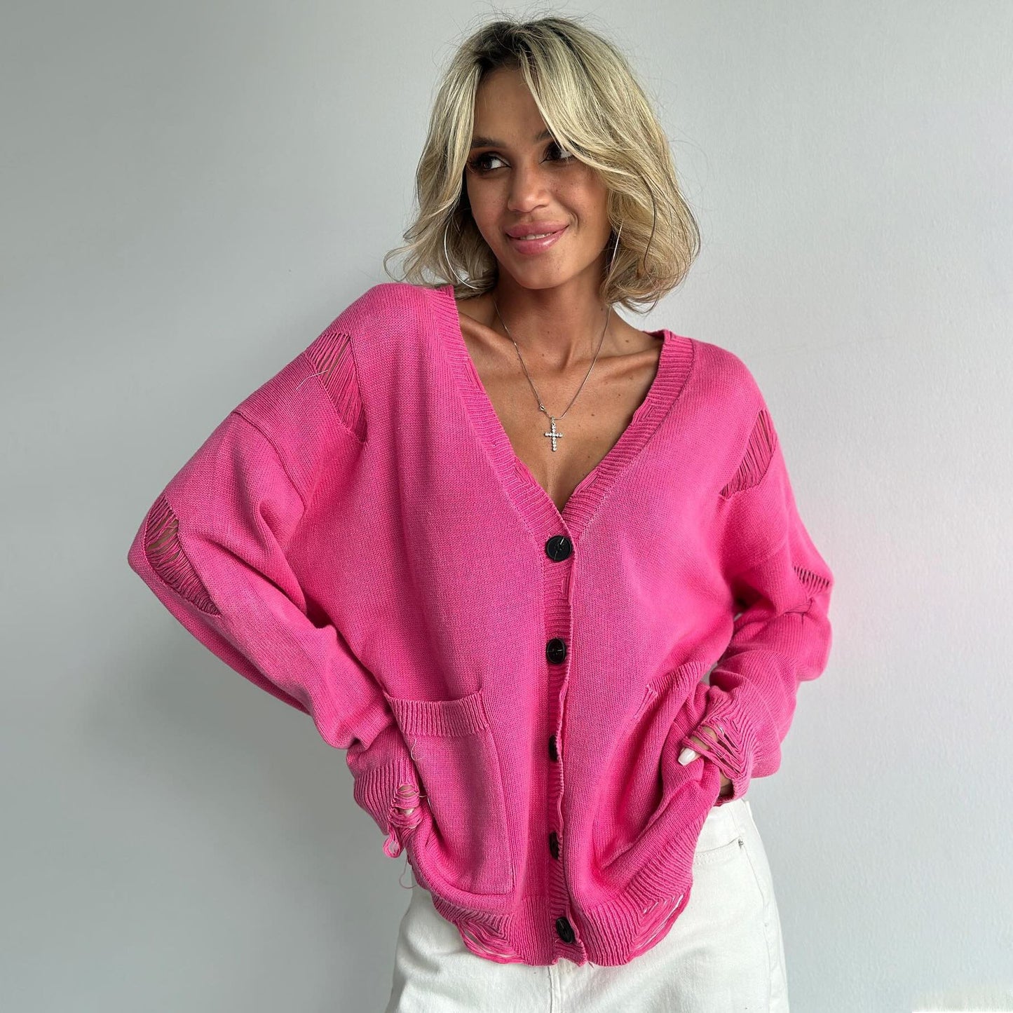 A07 Vintage Distressed Knit Cardigan – Women’s Washed Button-Up Sweater with Pockets