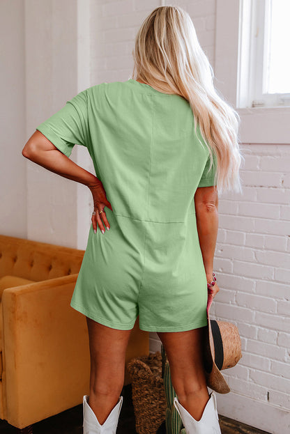 Women’s Solid Color Loose Jumpsuit – Casual Short Sleeve Romper with Big Pockets