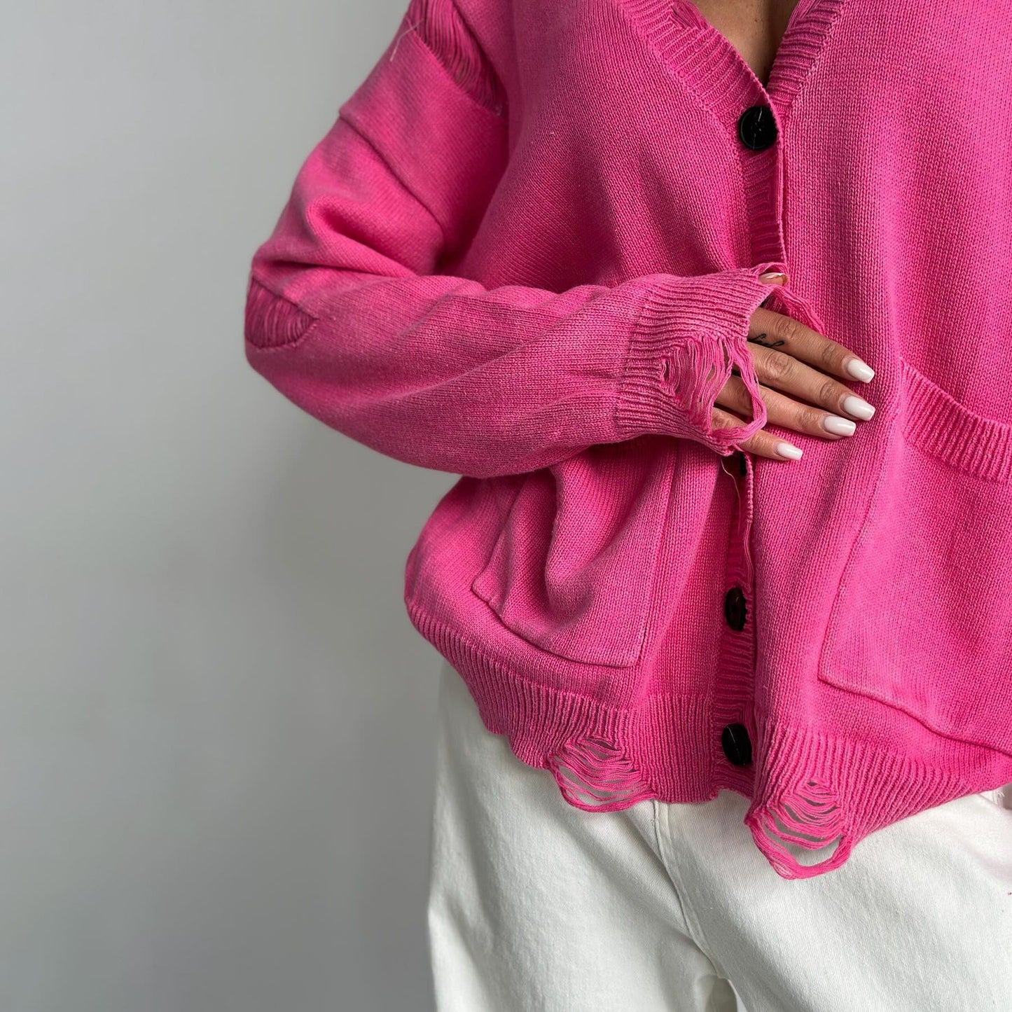 A07 Vintage Distressed Knit Cardigan – Women’s Washed Button-Up Sweater with Pockets