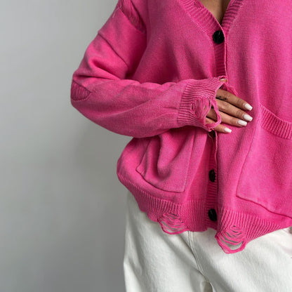 A07 Vintage Distressed Knit Cardigan – Women’s Washed Button-Up Sweater with Pockets