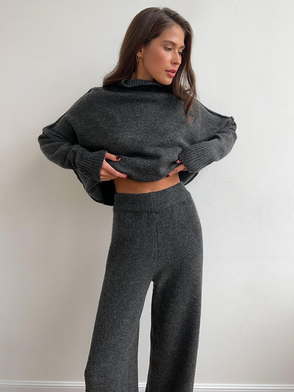 A13 Women’s Turtleneck Knit Sweater Set – Loose Fit Thick Knit Pants Outfit