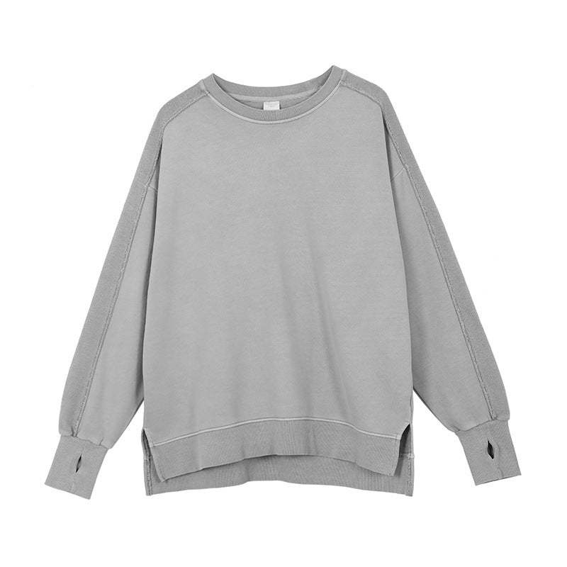 A06 Distressed Round Neck Sweatshirt – Women’s Split Hem & Sleeve Pullover