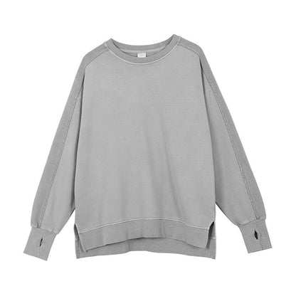 A06 Distressed Round Neck Sweatshirt – Women’s Split Hem & Sleeve Pullover