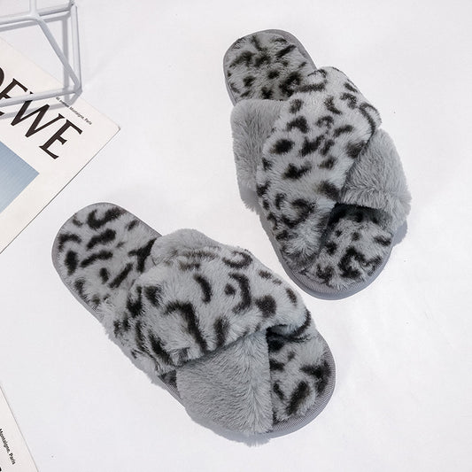 Women’s Leopard Print Cross Strap Slippers – Open-Toe Cozy Cotton Furry Indoor Slides, Autumn Winter