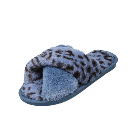 Women’s Leopard Print Cross Strap Slippers – Open-Toe Cozy Cotton Furry Indoor Slides, Autumn Winter