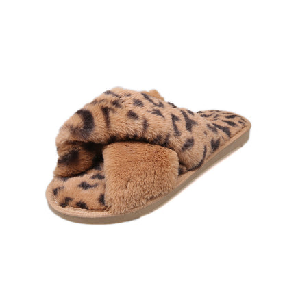 Women’s Leopard Print Cross Strap Slippers – Open-Toe Cozy Cotton Furry Indoor Slides, Autumn Winter