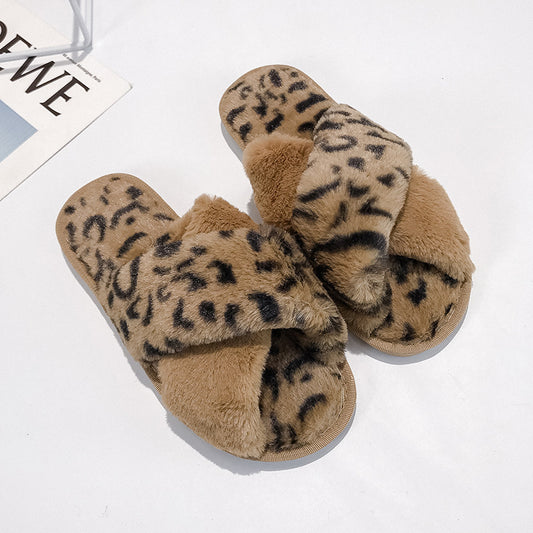 Women’s Leopard Print Cross Strap Slippers – Open-Toe Cozy Cotton Furry Indoor Slides, Autumn Winter