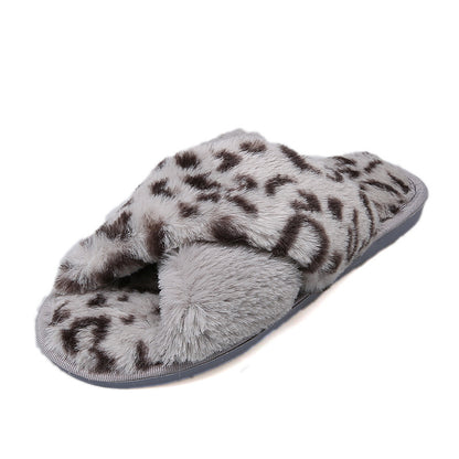 Women’s Leopard Print Cross Strap Slippers – Open-Toe Cozy Cotton Furry Indoor Slides, Autumn Winter