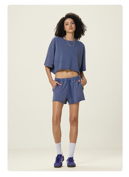 A16 Washed Cotton Two-Piece Set – Women’s Loose Crop T-Shirt & Shorts