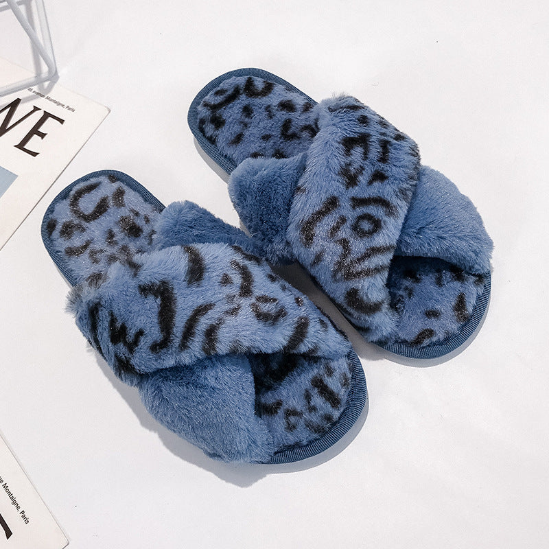 Women’s Leopard Print Cross Strap Slippers – Open-Toe Cozy Cotton Furry Indoor Slides, Autumn Winter