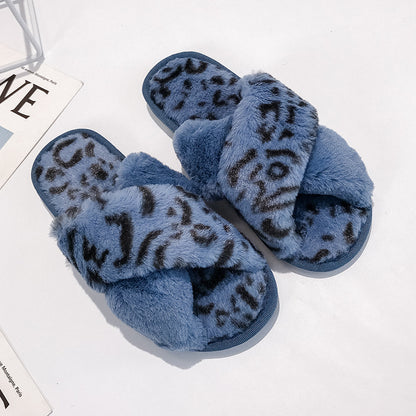 Women’s Leopard Print Cross Strap Slippers – Open-Toe Cozy Cotton Furry Indoor Slides, Autumn Winter