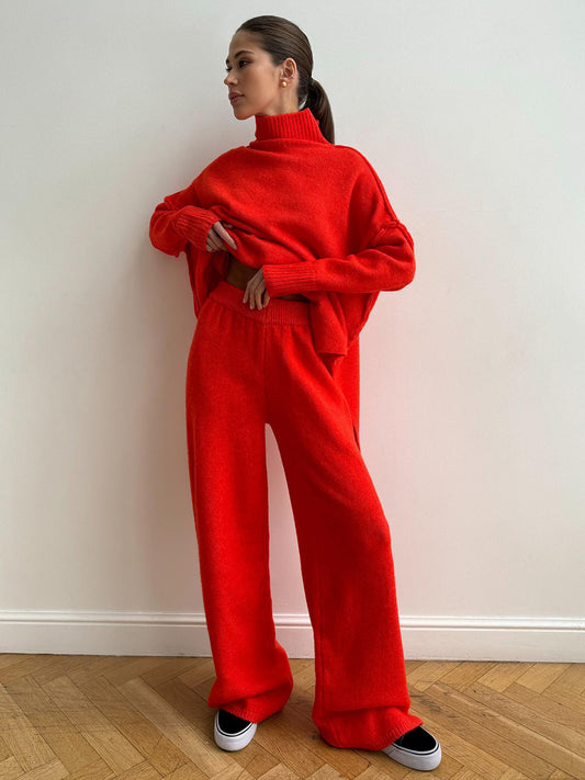 A13 Women’s Turtleneck Knit Sweater Set – Loose Fit Thick Knit Pants Outfit