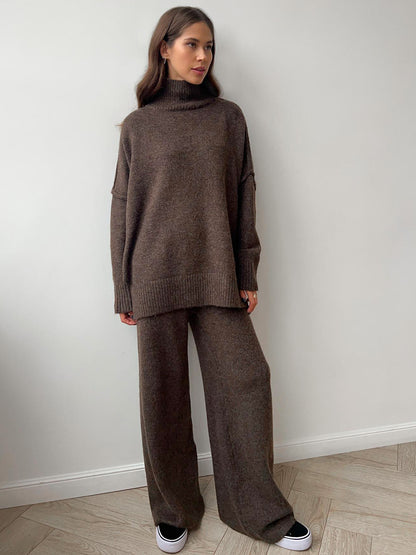 A13 Women’s Turtleneck Knit Sweater Set – Loose Fit Thick Knit Pants Outfit