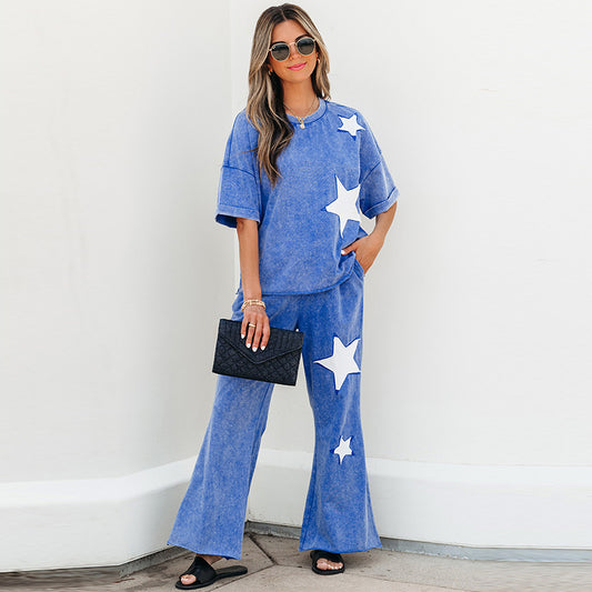 Fashion Star Print Women’s Casual Set | 2025 Spring New Short Sleeve T-Shirt & Pants Two-Piece Outfit