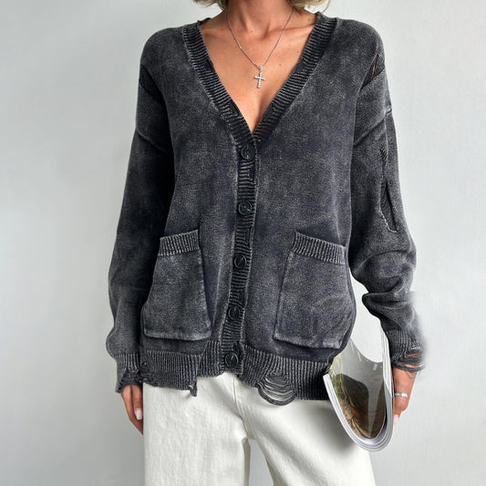 A07 Vintage Distressed Knit Cardigan – Women’s Washed Button-Up Sweater with Pockets