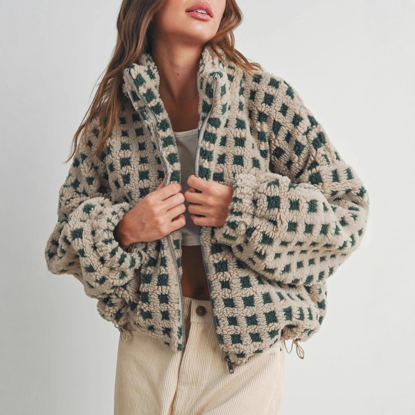 Women’s Checkered Sherpa Jacket 2025 | Warm, Soft & Casual Look