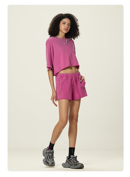 A16 Washed Cotton Two-Piece Set – Women’s Loose Crop T-Shirt & Shorts