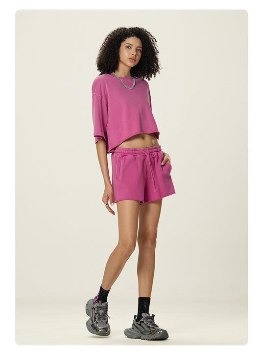 A16 Washed Cotton Two-Piece Set – Women’s Loose Crop T-Shirt & Shorts