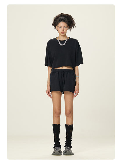 A16 Washed Cotton Two-Piece Set – Women’s Loose Crop T-Shirt & Shorts