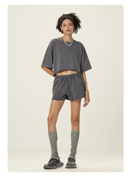 A16 Washed Cotton Two-Piece Set – Women’s Loose Crop T-Shirt & Shorts