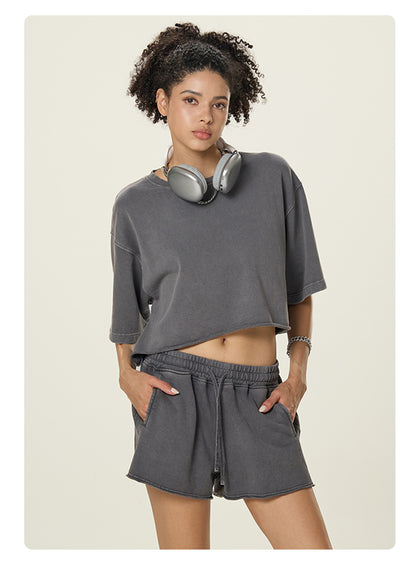 A16 Washed Cotton Two-Piece Set – Women’s Loose Crop T-Shirt & Shorts