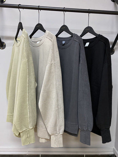A06 Distressed Round Neck Sweatshirt – Women’s Split Hem & Sleeve Pullover