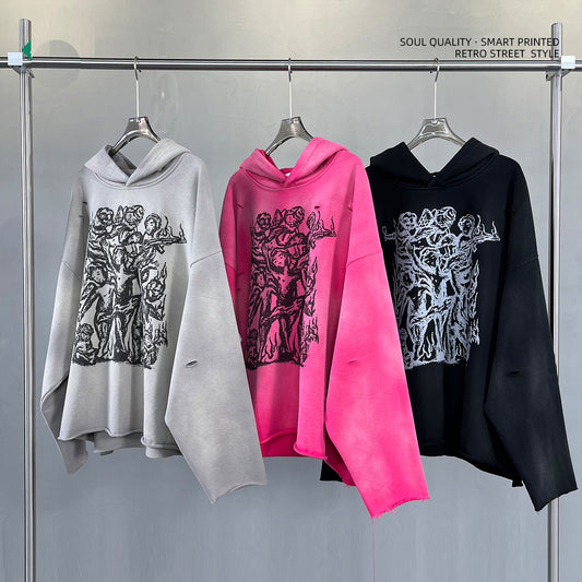 A08 Irregularly ripped, raw-edge printed hooded sweatshirt