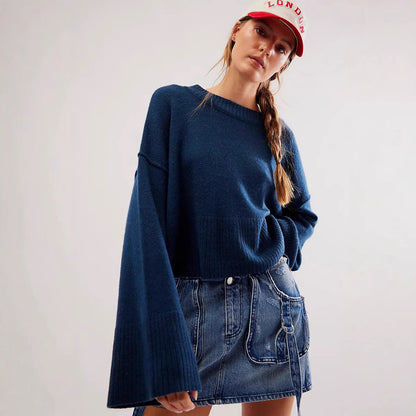 2025 Fall Winter Solid Color Knit Sweater | Women’s Fashion Crew Neck Pullover with Flared Sleeves