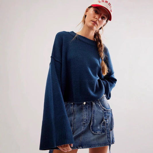 2025 Fall Winter Solid Color Knit Sweater | Women’s Fashion Crew Neck Pullover with Flared Sleeves