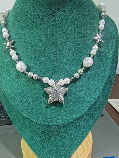 Trendy Star Pendant Necklace with Faux Pearl Beads | Short Brass Chain for Women