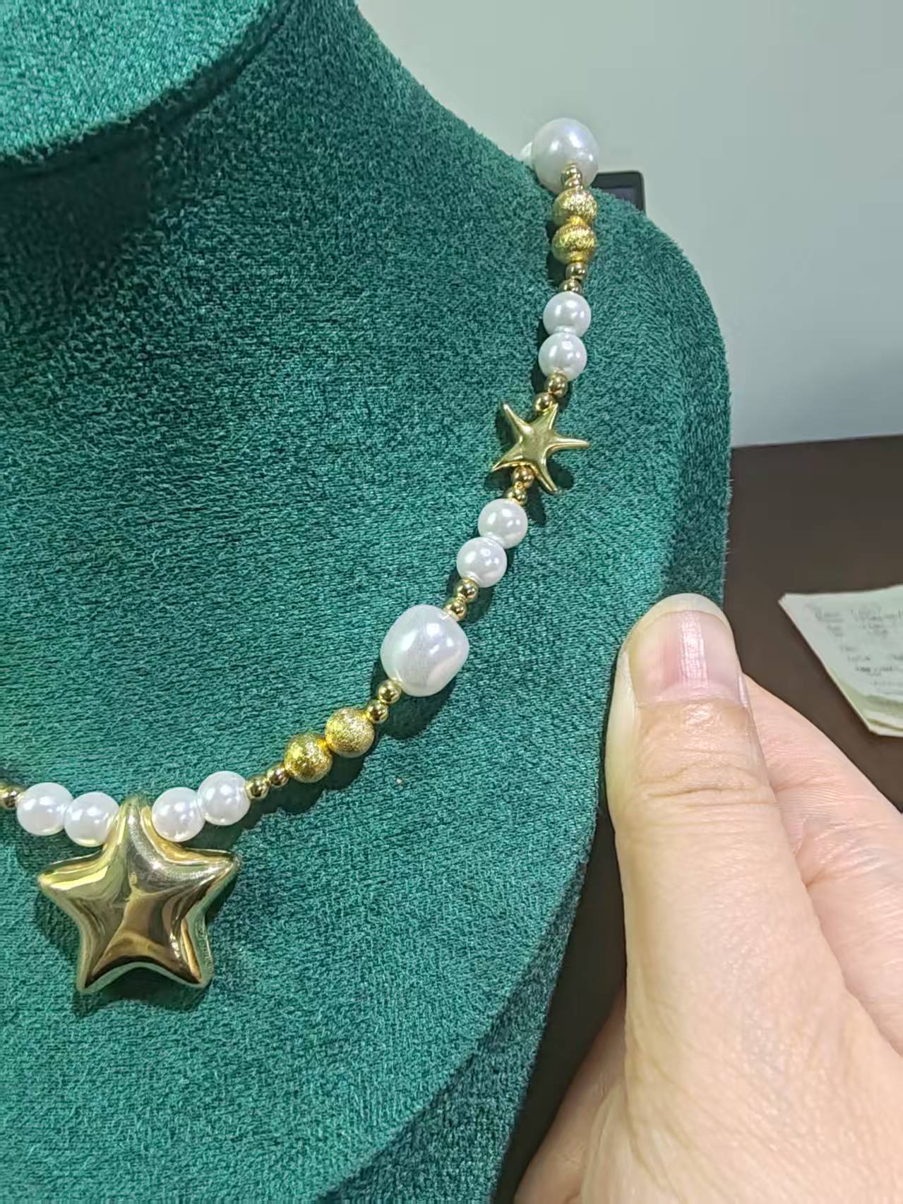 Trendy Star Pendant Necklace with Faux Pearl Beads | Short Brass Chain for Women