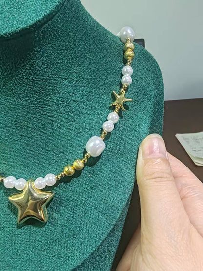 Trendy Star Pendant Necklace with Faux Pearl Beads | Short Brass Chain for Women