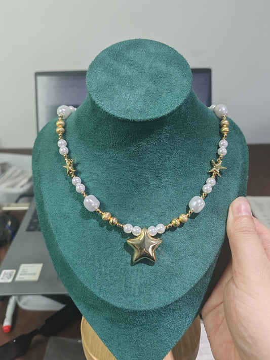 Trendy Star Pendant Necklace with Faux Pearl Beads | Short Brass Chain for Women