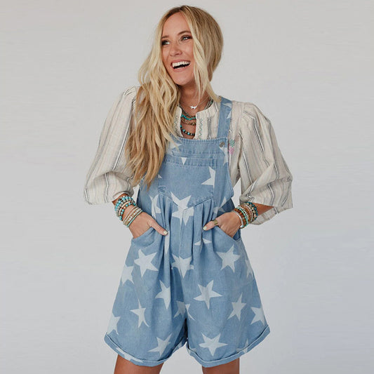 Women’s Loose Fit High Waist Overall – Star Print Denim Jumpsuit