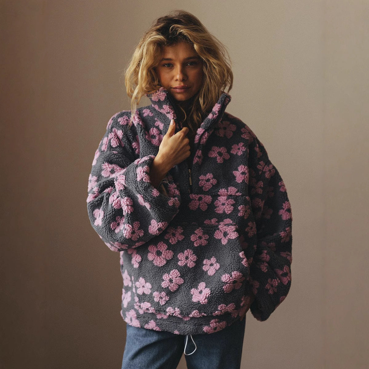 2025 Women’s Spring Lambswool-Style Zip-Up Hoodie – Loose Fit Printed Long Sleeve Sweatshirt