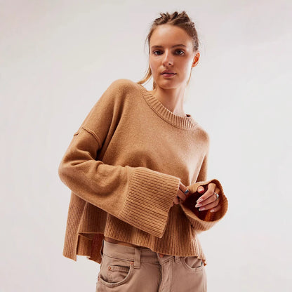 2025 Fall Winter Solid Color Knit Sweater | Women’s Fashion Crew Neck Pullover with Flared Sleeves