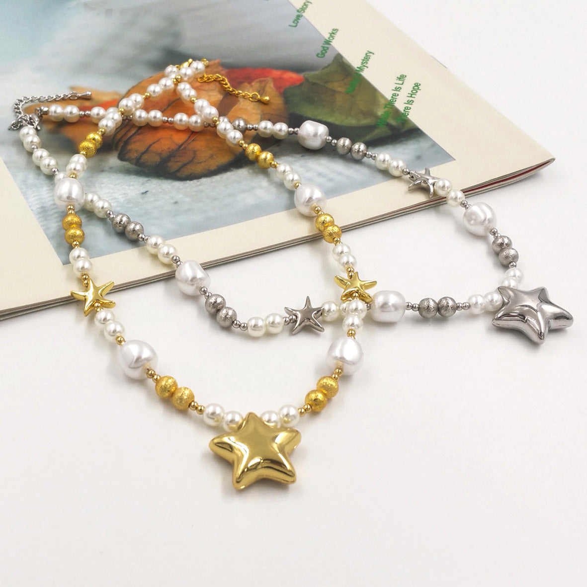 Trendy Star Pendant Necklace with Faux Pearl Beads | Short Brass Chain for Women