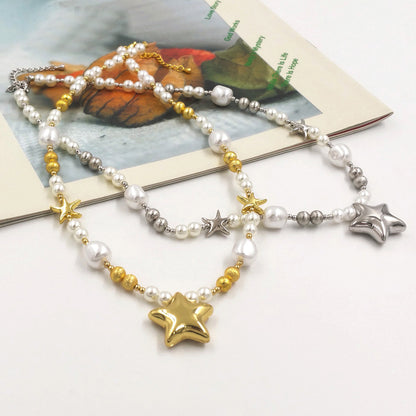 Trendy Star Pendant Necklace with Faux Pearl Beads | Short Brass Chain for Women