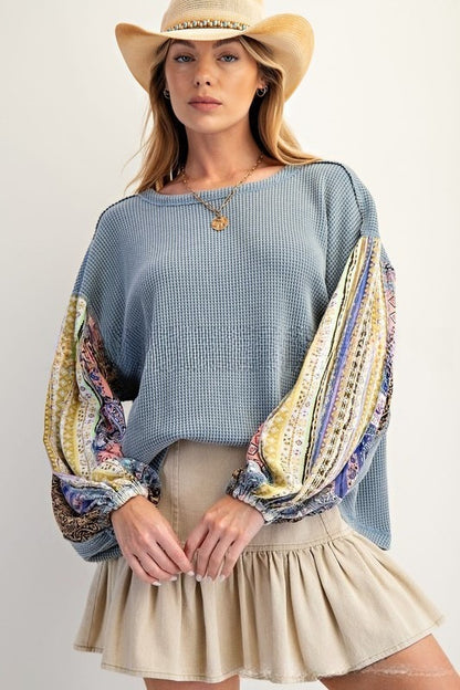 Women’s Waffle Knit Patchwork Sweatshirt | Long Sleeve Printed Autumn Top