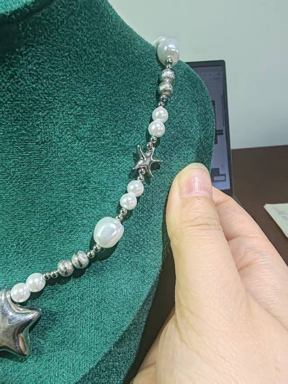 Trendy Star Pendant Necklace with Faux Pearl Beads | Short Brass Chain for Women