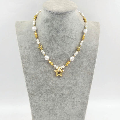 Trendy Star Pendant Necklace with Faux Pearl Beads | Short Brass Chain for Women
